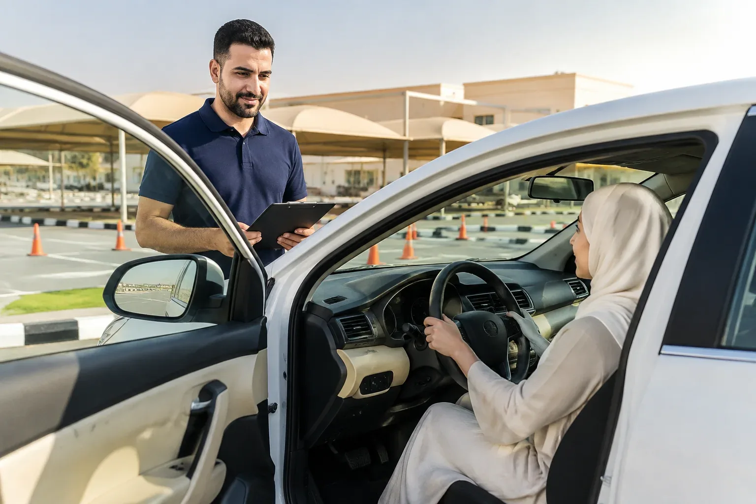 مدرب بجانب سيارة متوقفة في ساحة تدريب القيادة