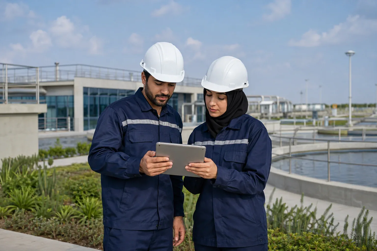 مهندسان يراجعان بيانات منشأة صناعية ومرافق معالجة المياه