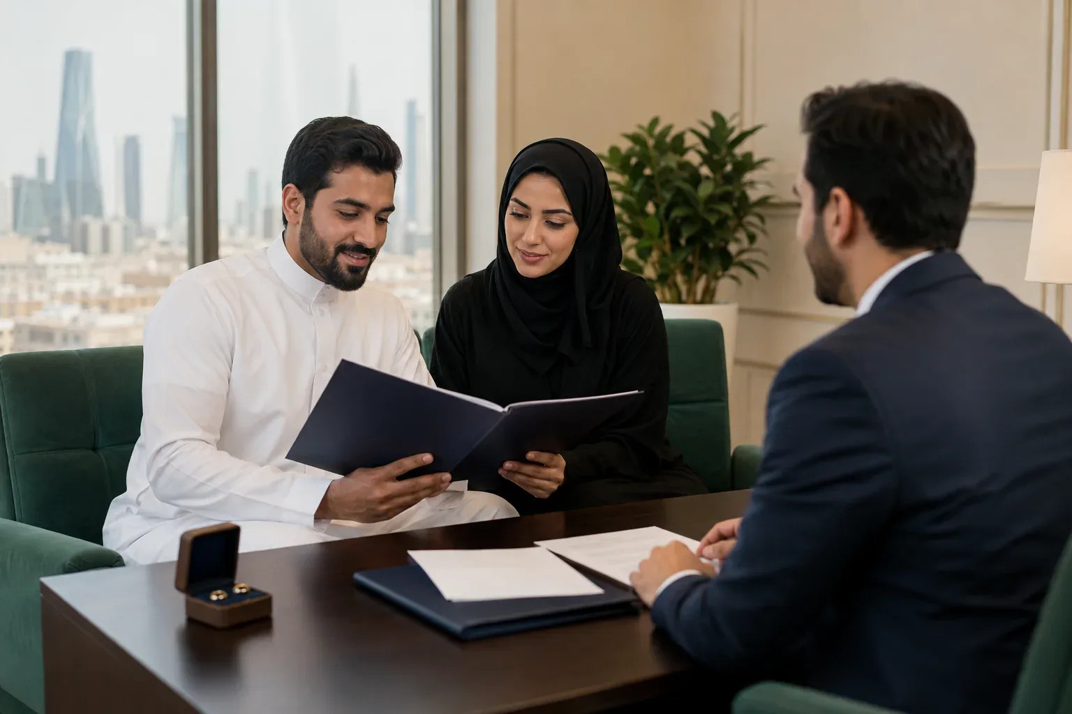 زوجان يراجعان ملف طلب تصريح الزواج في جلسة استشارية
