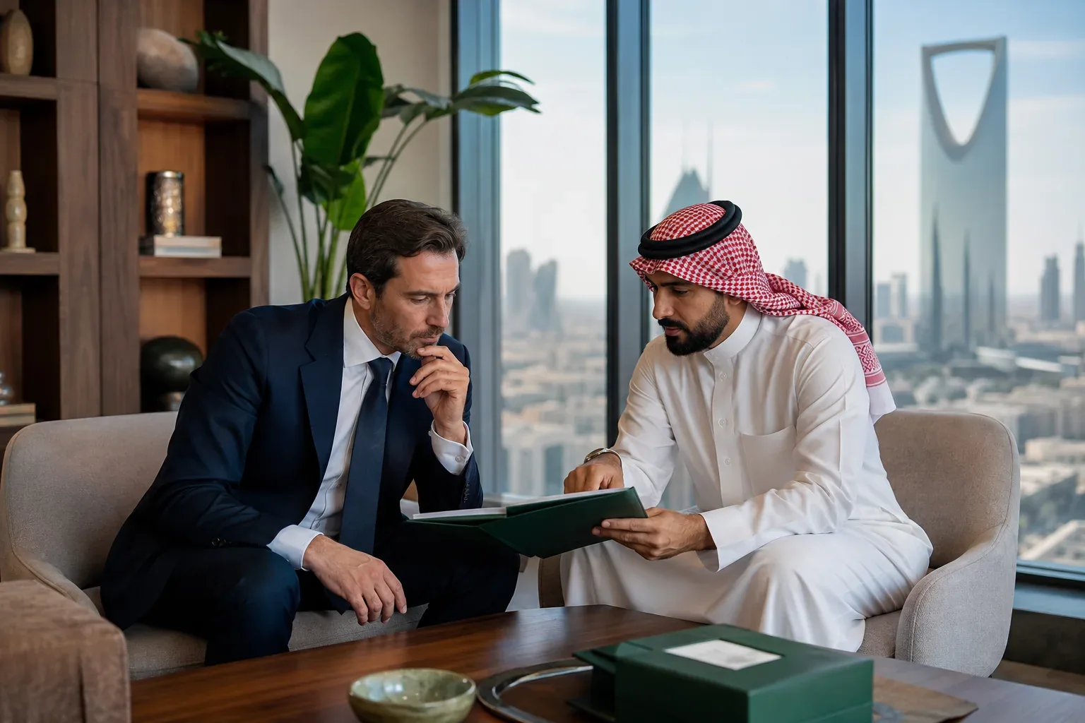 رائد أعمال ومستشار يراجعان ملفًا في مكتب بإطلالة على الرياض