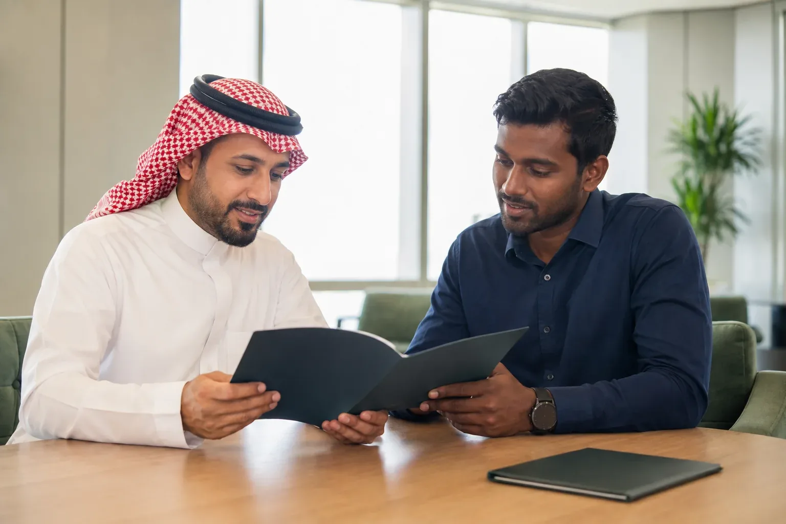 مسؤول موارد بشرية وموظف يراجعان ملف نقل الخدمات