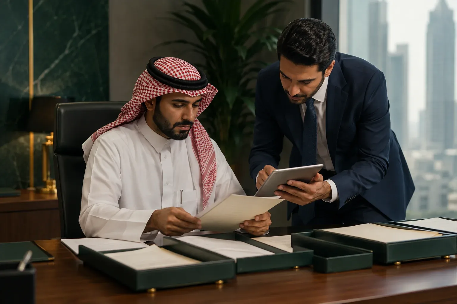 مراجعة ملفات معاملات ومتابعة خطواتها في مكتب حديث